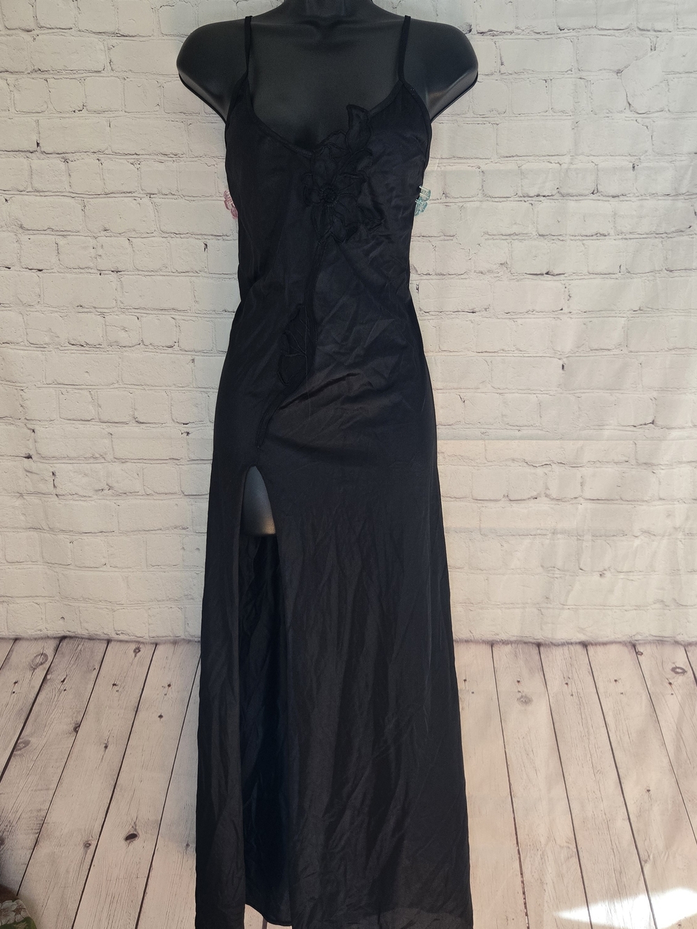 Vtg 80s Full Slip Dress Mesh Cut Out Bodice High Slit Boudoir Soft Grunge 2x